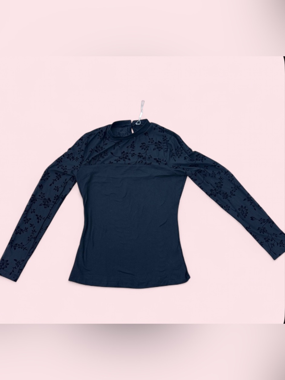 Women's Black Long-Sleeve Floral Mock Neck Top
